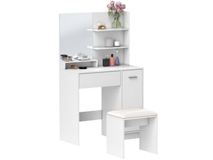 Coiffeuse blanche avec miroir et tabouret rembourré, 1 tiroir, 1 placard et 3 étagères ouvertes, 80 x 40 x 132 cm
