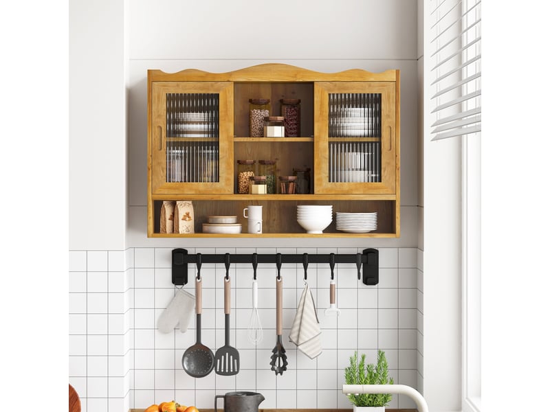 Armoire murale de cuisine effet bois massif et verre, 2 portes - Conforama B