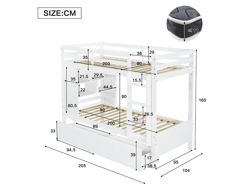  Lit superposé 90 × 200 cm en bois blanc avec 2 tiroirs, étagère ouverte et échelle pour chambre d’enfant  - Conforama C