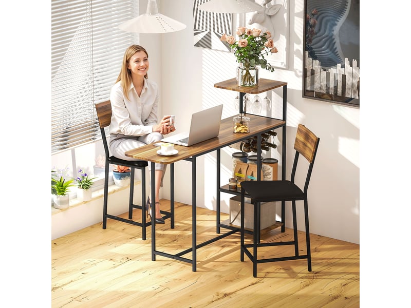  Comptoir de bar pliable et 2 tabourets hauts avec dossier, casier à vin et porte-verres, marron  - Conforama C