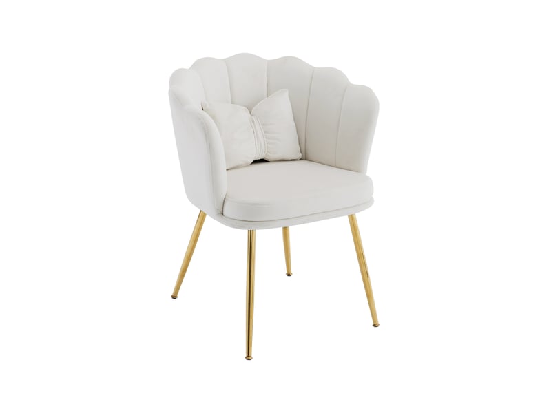  Chaise rembourrée à dossier pétale avec coussins de soutien et pieds métalliques dorés en velours beige  - Conforama A