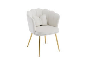 Chaise rembourrée à dossier pétale avec coussins de soutien et pieds métalliques dorés en velours beige