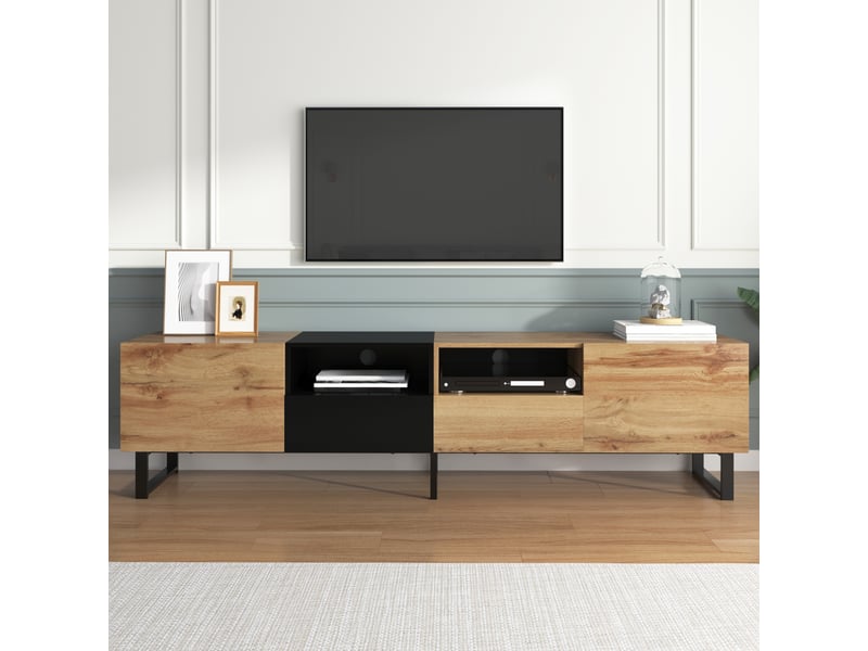  Meuble tv avec 2 portes et 2 tiroirs pour salon 190×38×48 cm en mdf noir et bois naturel  - Conforama C