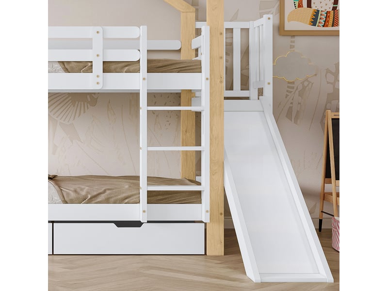  Lit superposé maison 90x200 cm, lit enfant avec toboggan, 2 tiroirs, échelle 3 marches, mdf, blanc+naturel, sans matelas  - Conforama W