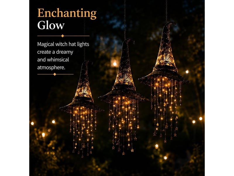 Lot de 6 décoration halloween suspendue, chapeau de sorcière lumineux led avec carillon à vent et étoiles pour porche, terrasse et entrée - Conforama B