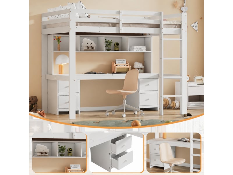  Lit mezzanine enfant avec bureau et rangement, 4 tiroirs, pin massif et mdf blanc, couchage 90x200 cm  - Conforama W