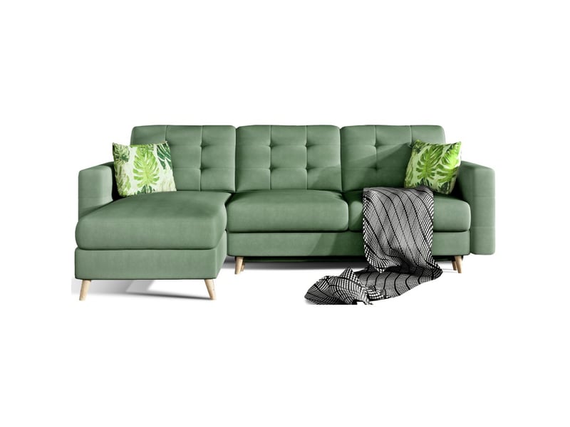  Canapé d'angle convertible hasgard 3 places vert 248x162 cm – coffre et pieds bois  - Conforama A