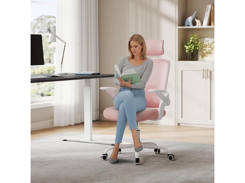 Chaise bureau ergonomique, en maille, appui-tête et accoudoirs réglables, hauteur réglable, rose  - Conforama D