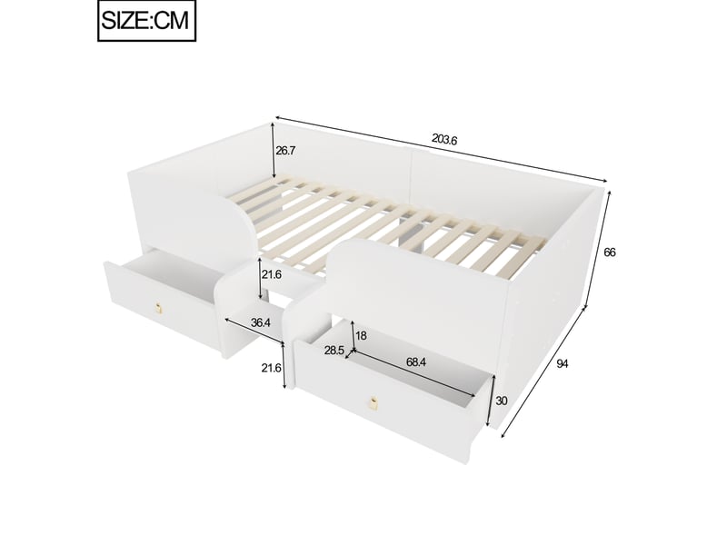 Lit enfant 90x200 cm, lit simple avec 2 tiroirs, en mdf blanc, sans matelas - Conforama C