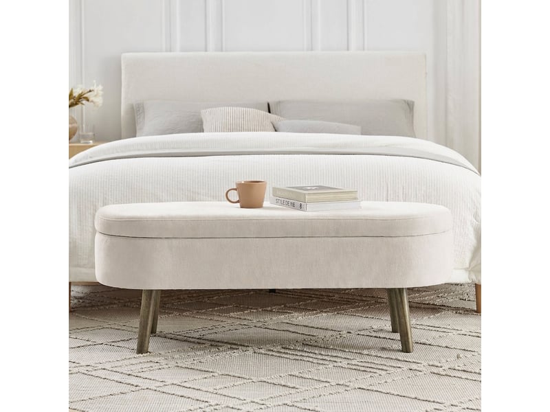  Banc de rangement beige 110 cm en tissu chenille avec coffre et pieds en bois  - Conforama B