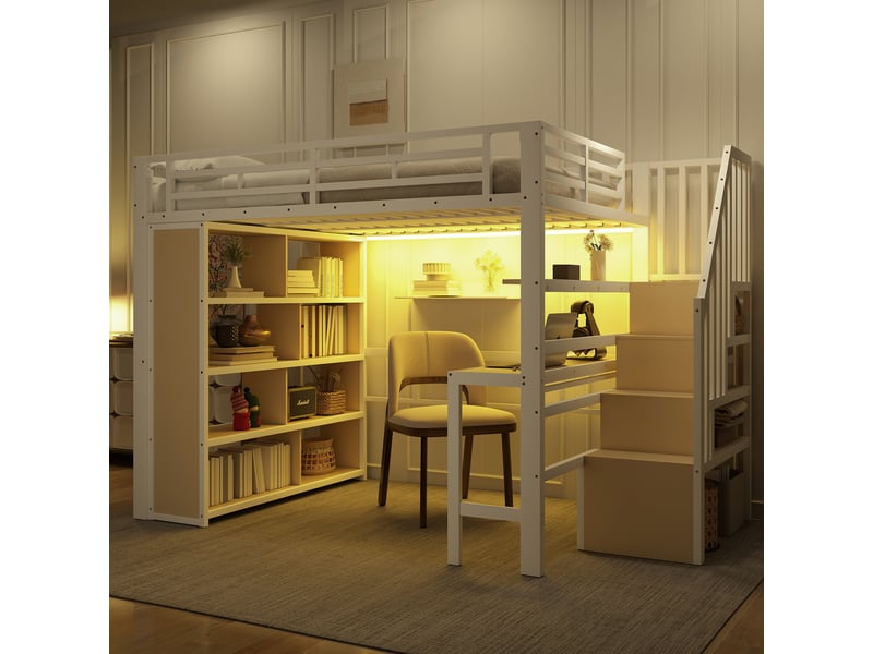 Lit mezzanine avec bureau et rangements, éclairage led, structure métal et mdf, couchage 140 x 200 cm, blanc - Conforama R