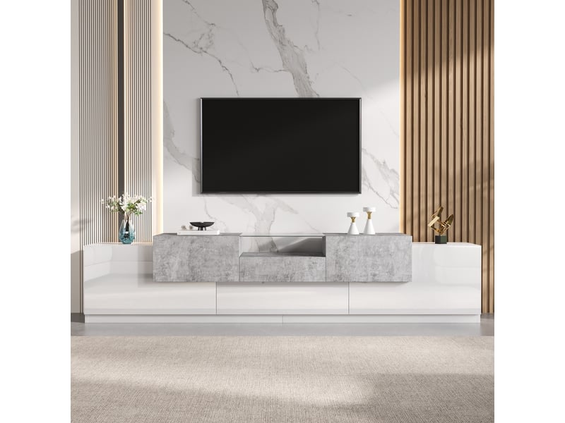  Meuble tv - 200x33x48.5cm - banc tv moderne blanc brillant &amp; effet béton avec verre trempé, tiroir &amp; passe-câbles - gris  - Conforama B