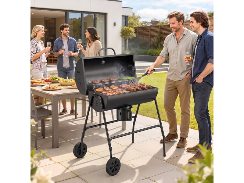  Barbecue fumoir au charbon en métal avec couvercle, thermomètre et roues, 95x71,5x102 cm, noir  - Conforama D