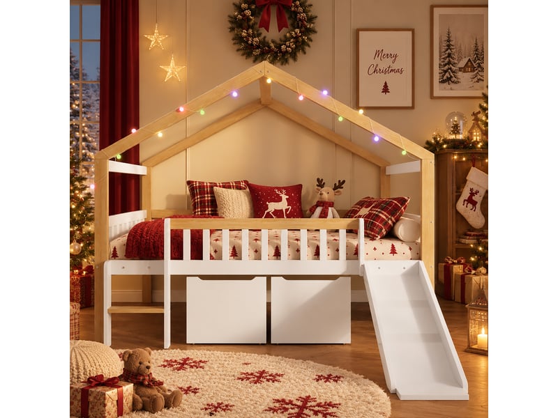  Lit mi-hauteur enfant 120x200 cm, lit cabane avec toboggan et échelle réversibles, 2 tiroirs, garde-corps, guirlande lumineuse, pin blanc naturel  - Conforama B