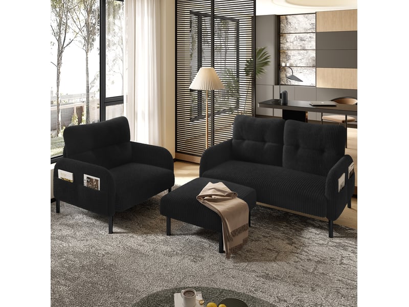 Ensemble canapé 2 places fauteuil et pouf modenvie en velours côtelé noir - Conforama B