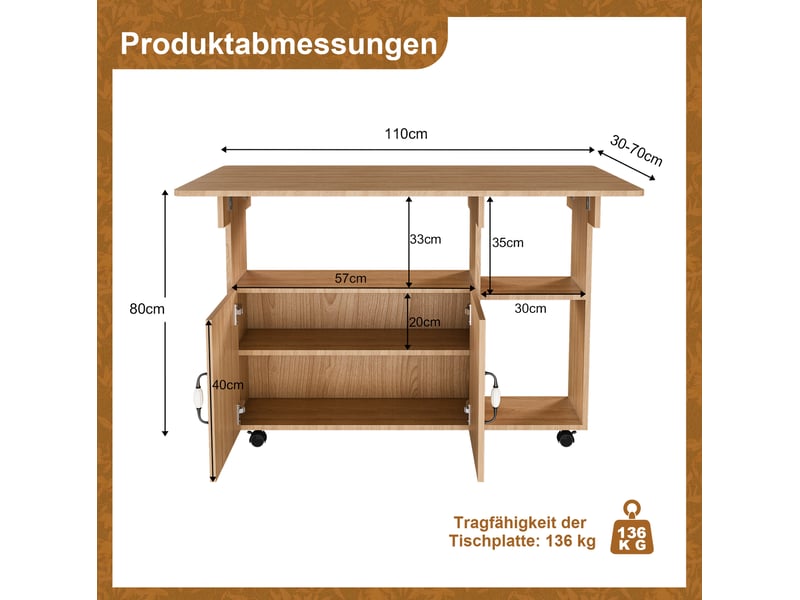 Table à manger pliante mobile 110x70x80 cm mdf coloris chêne clair - Conforama C