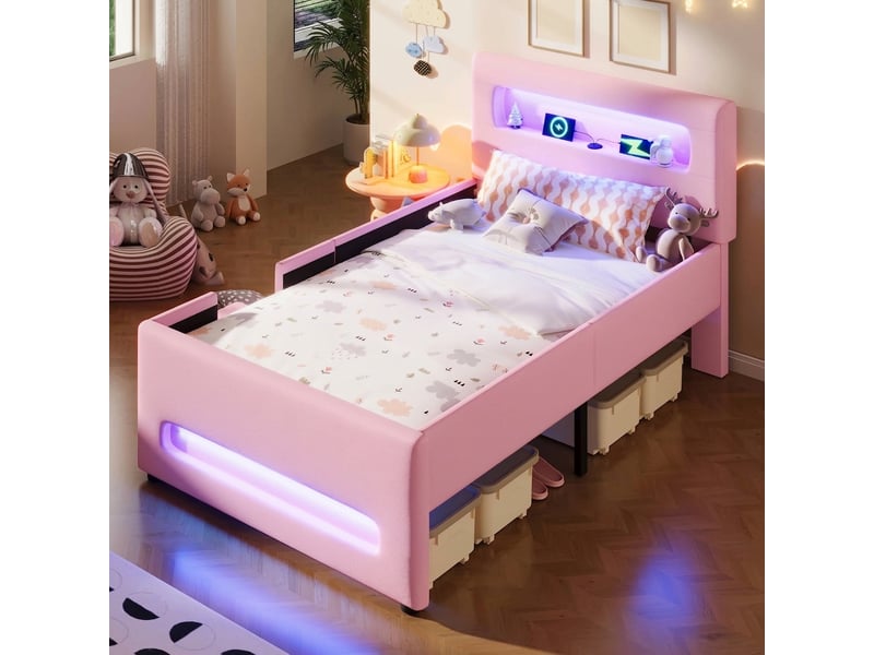  Lit 90x200 avec tiroir de rangement, lit enfant avec éclairage led et port usb, rose  - Conforama D