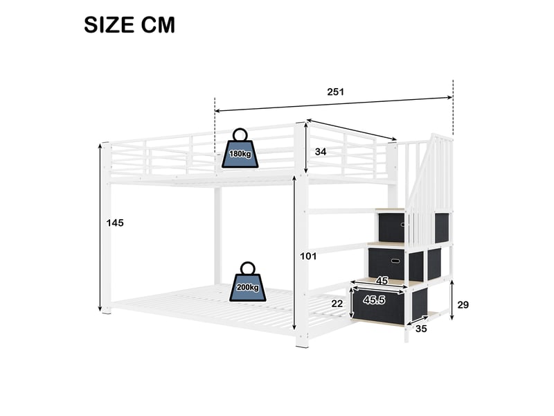  Lit superposé 140x200 cm - lit double en métal avec escalier de rangement, led et prises - blanc  - Conforama E
