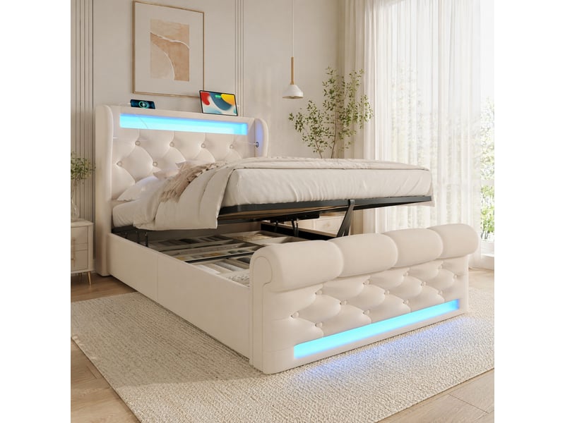 Lit coffre 1 place 90x200 cm en velours beige avec led, usb et usb-c - Conforama C