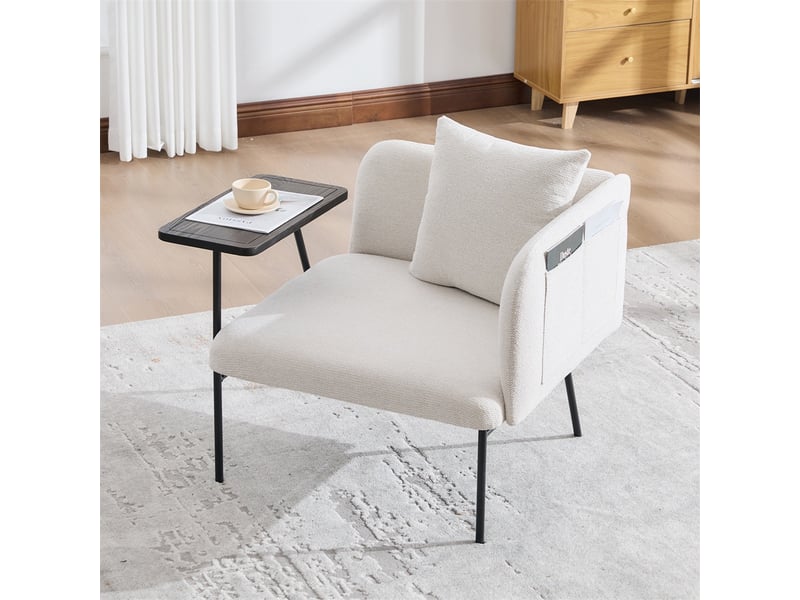  Fauteuil de salon moderne avec table d'appoint - 86x72x71cm - design avec poches de rangement et cadre métal - beige  - Conforama C