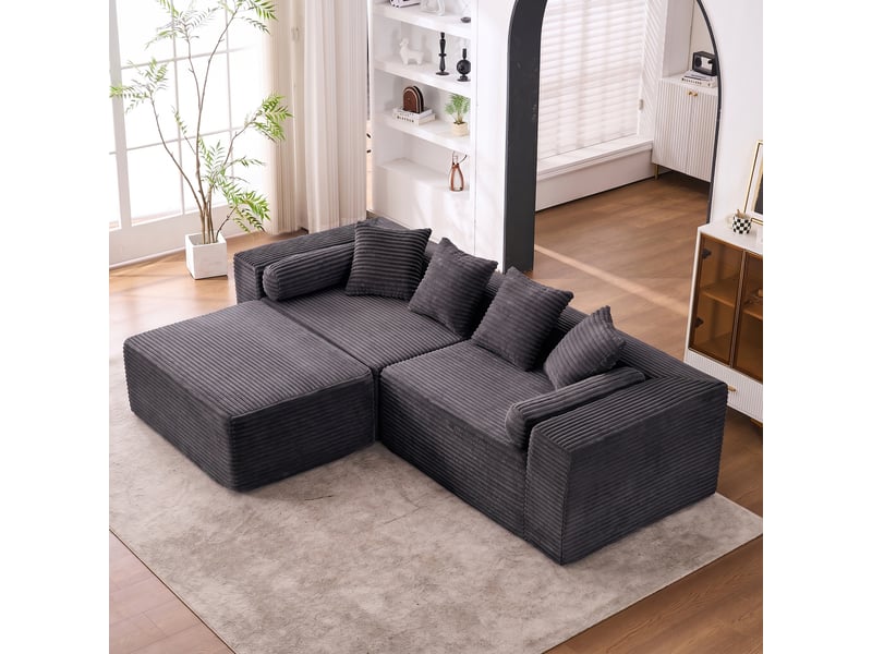 Canapé d'angle modulable en l, 3 places noir en tissu chenille, grande méridienne pour salon ou chambre - Conforama E