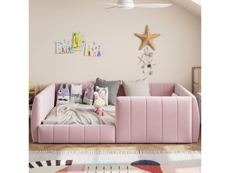  Lit enfant 90x200 cm, lit plateforme rembourré avec barrières de sécurité, tête de lit capitonnée et cadre bas - rose  - Conforama E