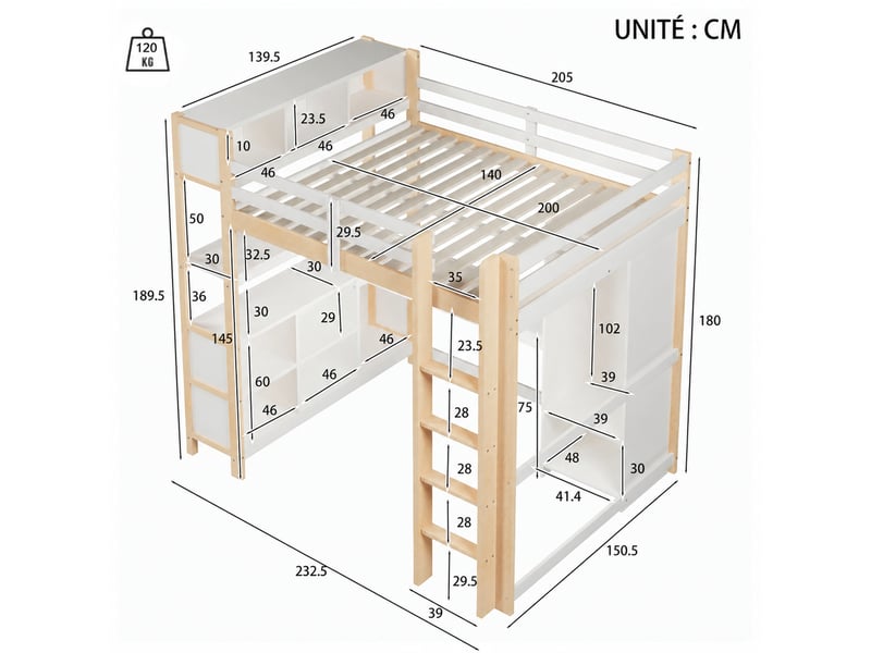  Lit mezzanine 140x200 cm avec bureau, armoire et rangements, pin et mdf, blanc et bois naturel, sans matelas  - Conforama C
