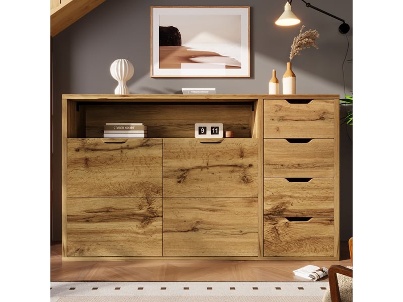  Commode à 4 tiroirs et 2 portes, 150 x 40 x 90 cm, niche ouverte et étagères réglables, effet chêne  - Conforama D