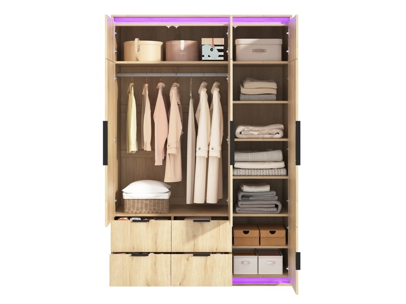  Armoire 3 portes avec miroir et éclairage led, 4 tiroirs, 135x47x200 cm, chêne  - Conforama E