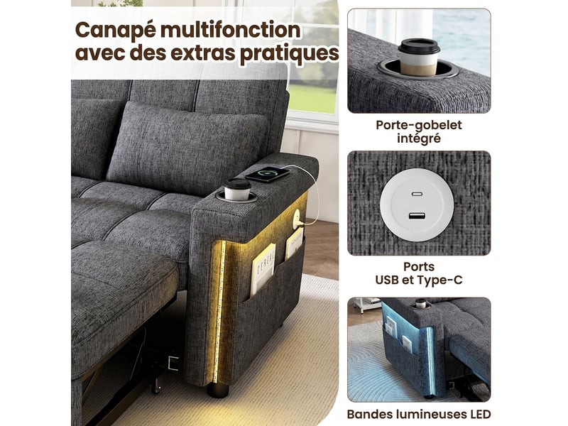 Canapé convertible 2 places avec led et ports usb, dossier réglable, tissu chenille gris - Conforama C