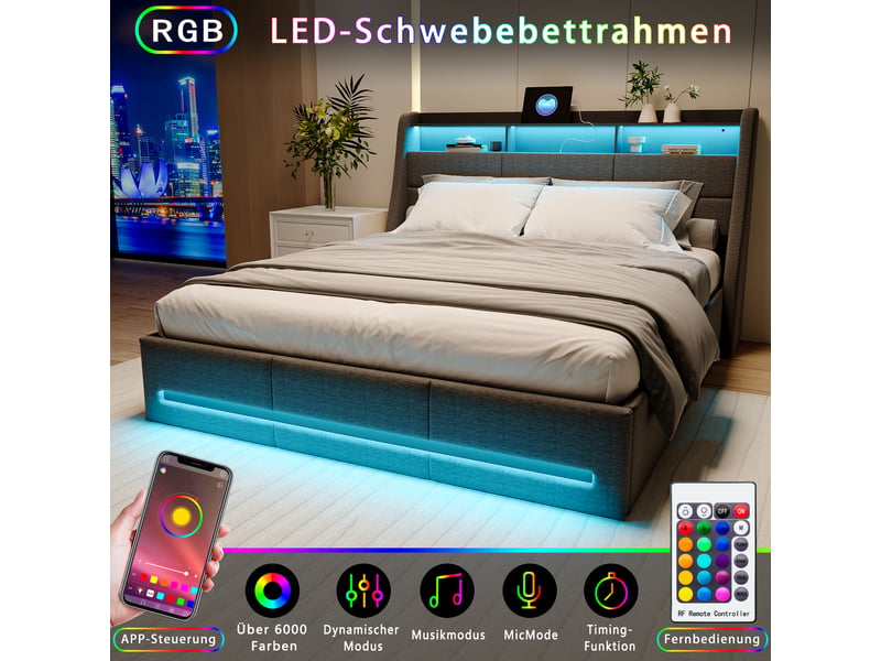  Lit 160x200 avec sommier ,lit coffre 160 x 200 avec led et usb ,lit double avec sommier à lattes, tissu lin,gris  - Conforama E