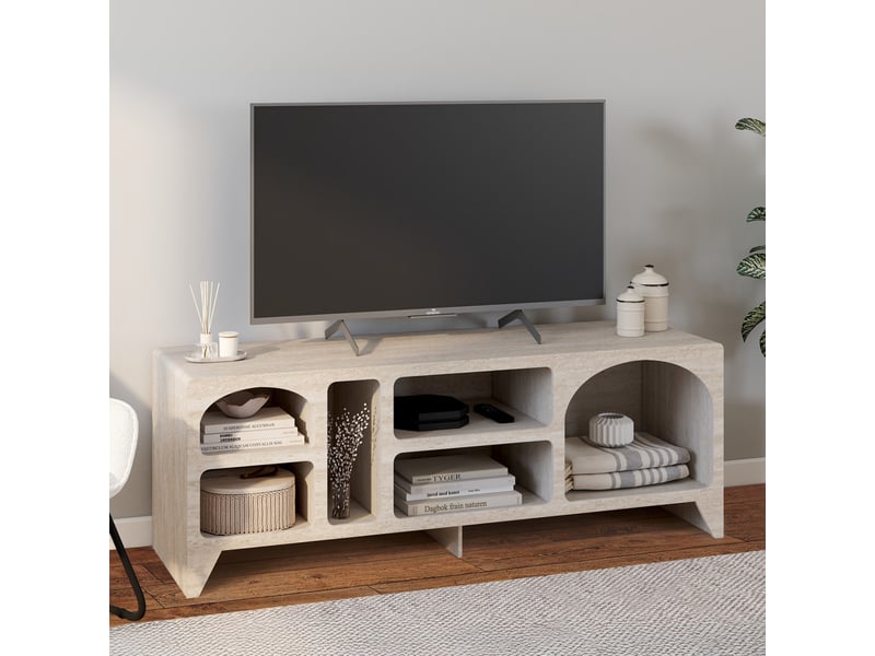 Meuble tv 140 cm organique alesia 6 niches bois effet travertin - Conforama B