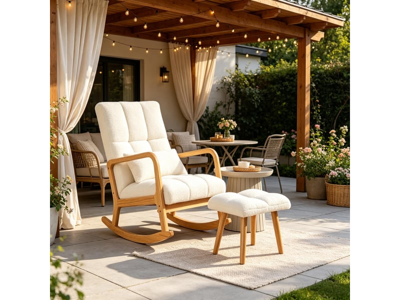  Fauteuil à bascule en tissu bouclette avec repose-pieds assorti  - Conforama E
