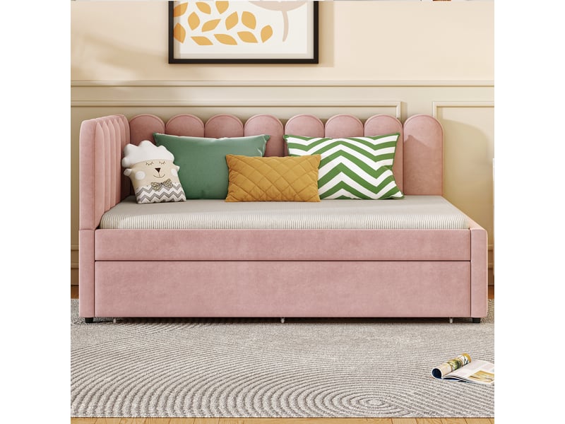  Lit d'appoint en l 140x200 cm, dossier fleuri, tissu velours rose, convertible et compact pour chambre d'amis  - Conforama D