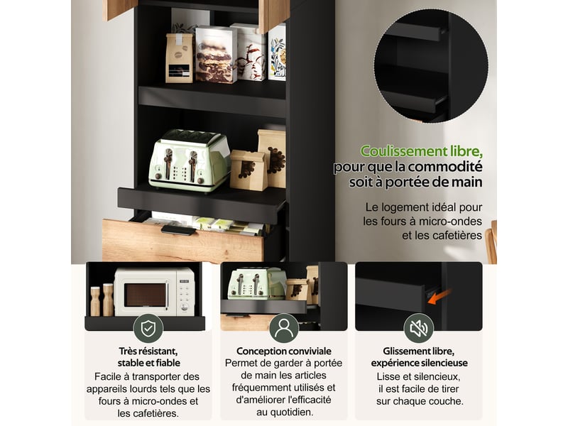  Armoire de cuisine contemporaine multi-rangement 2 portes 2 grand tiroirs et 2 niches naturel et noir  - Conforama D