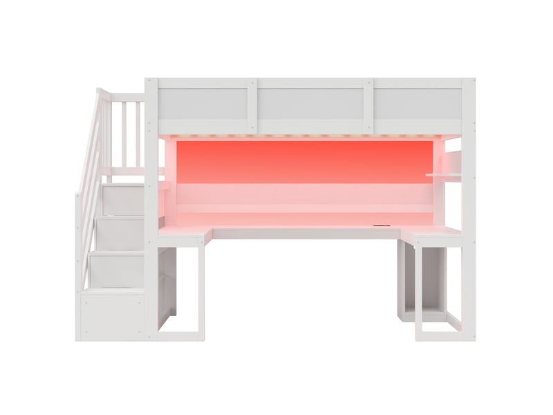 Lit mezzanine gamer avec bureau intégré 90x200cm led usb escalier rangement blanc - Conforama W