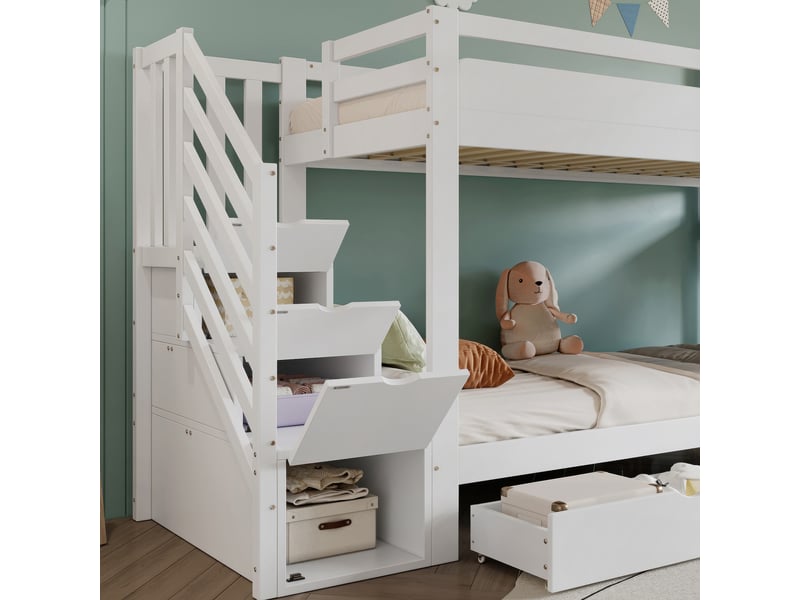 Lit cabane enfant blanc 90x200 cm avec rangements pour livres, 2 tiroirs, toboggan et coffre escalier  - Conforama D