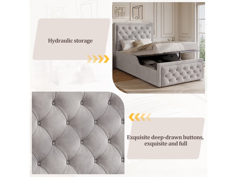 Lit coffre hydraulique 90x200 cm enfant ado rembourré en velours gris avec tête de lit rembourrée, rangement et sommier à lattes Morn Vibe - Conforama E