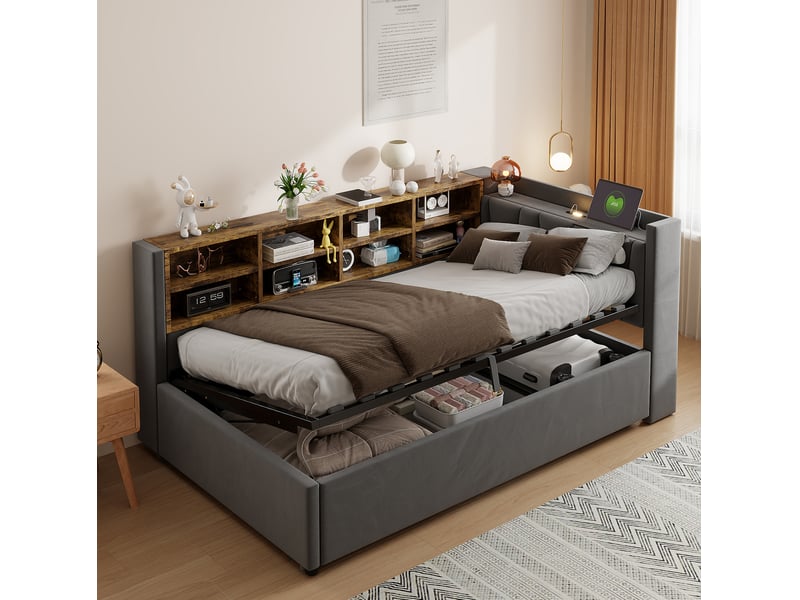  Lit coffre 90x200, tête rembourrée lumière nuit, ports usb et type c, rangements latéraux, velours gris sans matelas  - Conforama D