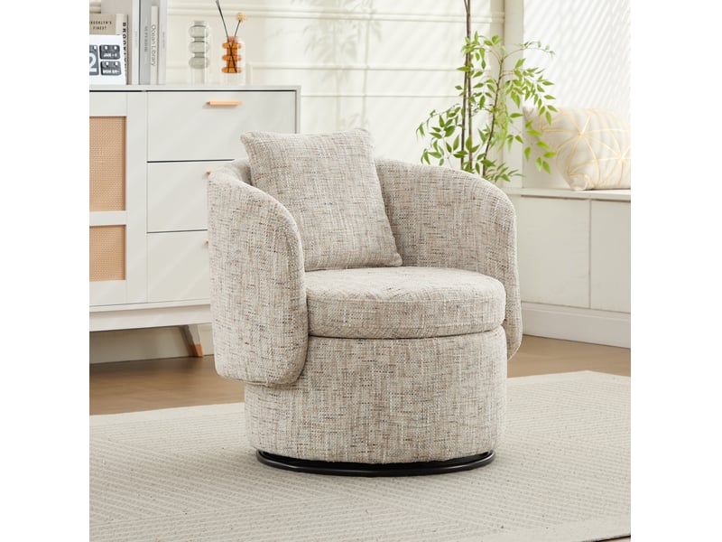  Fauteuil pivotant 360° avec rangement caché et coussin de dossier, en chenille et bois beige, 72 × 66,5 × 76 cm  - Conforama B