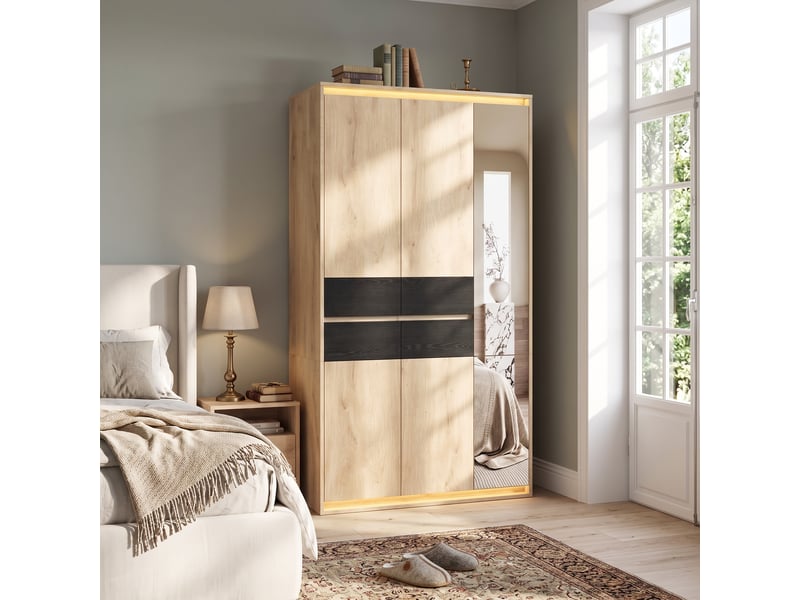 Armoire penderie 90 x 47 x 200 cm - miroir intégré - 4 tiroirs - éclairage led - 9 compartiments de rangement - anthracite et chêne - Conforama C