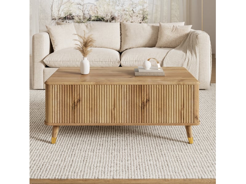  Table basse 97x52x56,5 cm à plateau escamotable relevable, design ondulé en mdf et bois, coloris naturel  - Conforama E