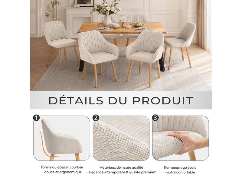  Ensemble table et 6 chaises - table rectangulaire 160x80 cm monobloc en chêne sauvage et pieds métal, 6 chaises en tissu beige et pieds bois  - Conforama R