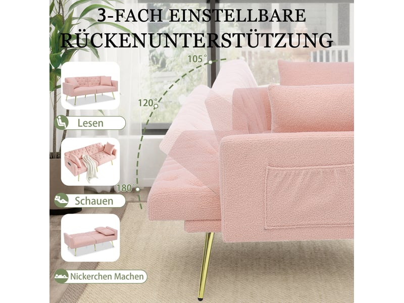 Canapé convertible 2 places avec dossier réglable 3 positions, 2 coussins et pieds en métal doré, en teddy rose - Conforama E