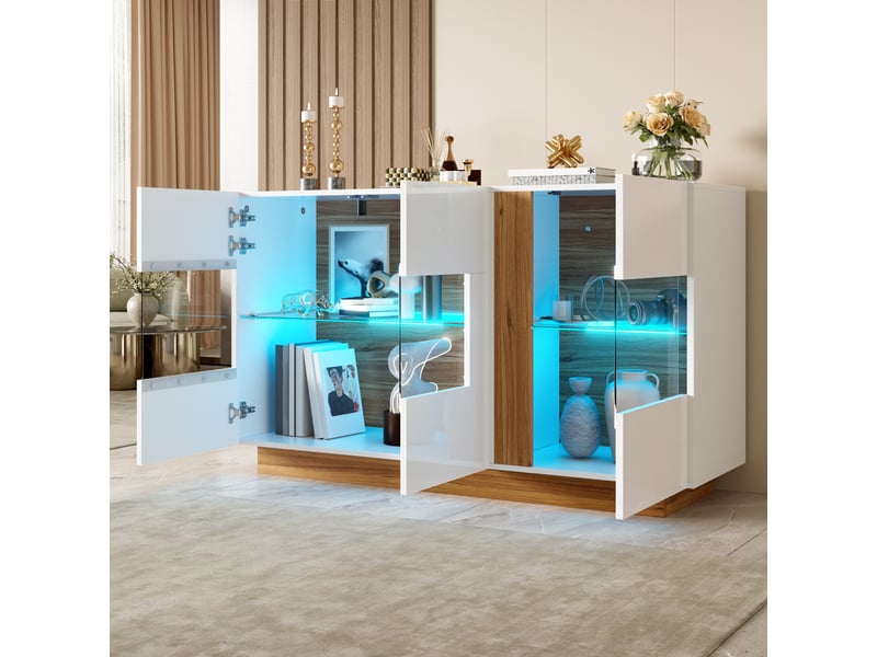  Buffet moderne à 3 portes en acrylique avec éclairage led réglable, 120 cm blanc et bois naturel  - Conforama B