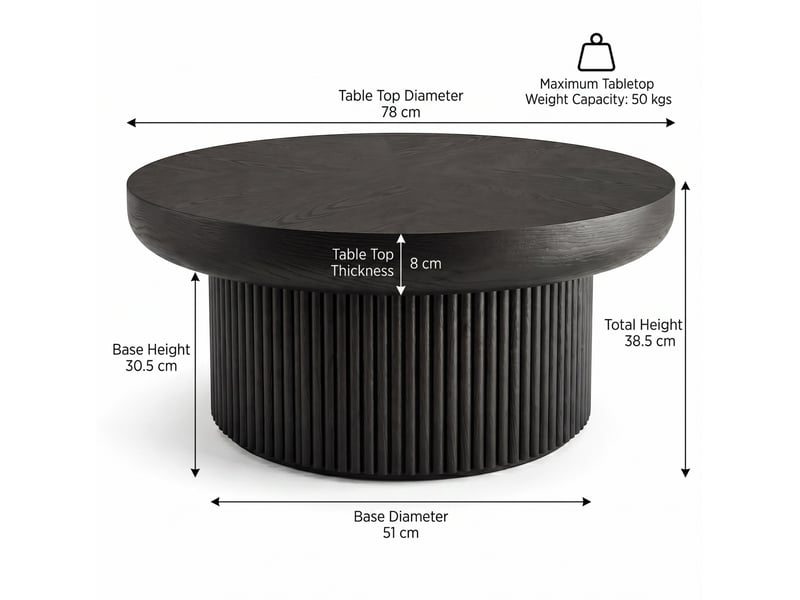  Table basse ronde noire ø 78 x 38,5 cm, plateau à motif parquet et base cannelée  - Conforama E