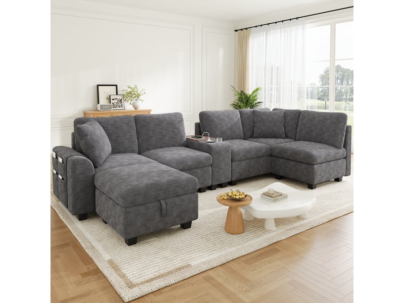 Canapé panoramique modulable 6 places 311x139x85 cm, canapé en u ou l avec pouf coffre, usb et type-c, poches de rangement, console mobile avec 2 porte-gobelets, velours côtelé, gris - Conforama E