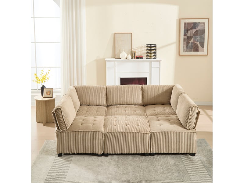 Canapé modulaire 6 places avec poches, combinable en u, l ou couchage, en velours côtelé kaki, 308 × 154 × 82 cm - Conforama B
