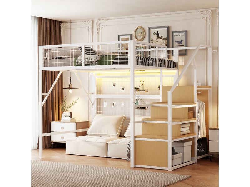  Lit mezzanine 140x200 cm - lit double décoratif avec rangements pratiques et armoire ouverte - mdf et métal - blanc  - Conforama B
