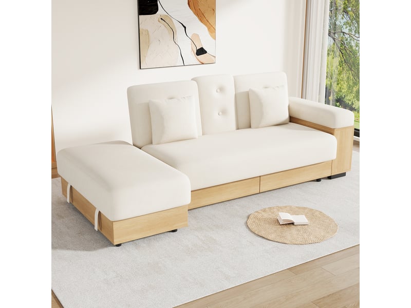  Canapé convertible, canapé-lit, en tissu chenille, beige, porte-gobelets, dossier réglable 3 positions, 217 cm, avec pouf  - Conforama R